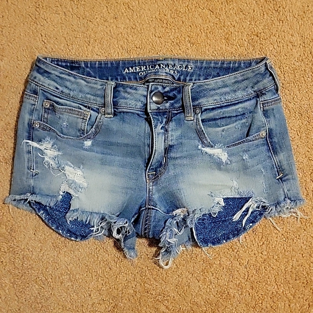 AEO Denim X Shorties, 30" Waist, 360 Super Stretch distressed